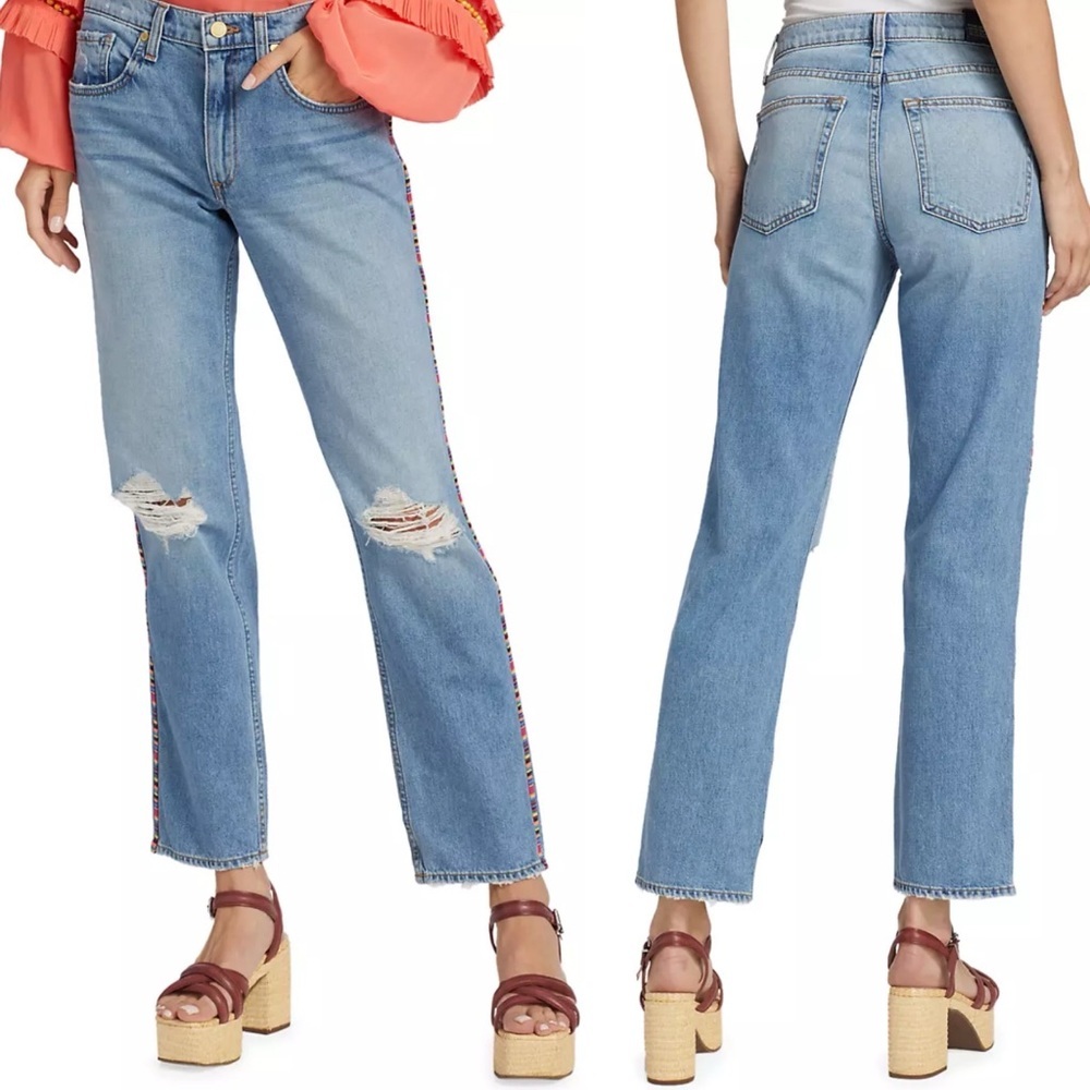 Ramy Brook Rosie Boyfriend Jeans Embroidered‎ Stripe Size 25 Boho Distress Denim - Picture 16 of 16